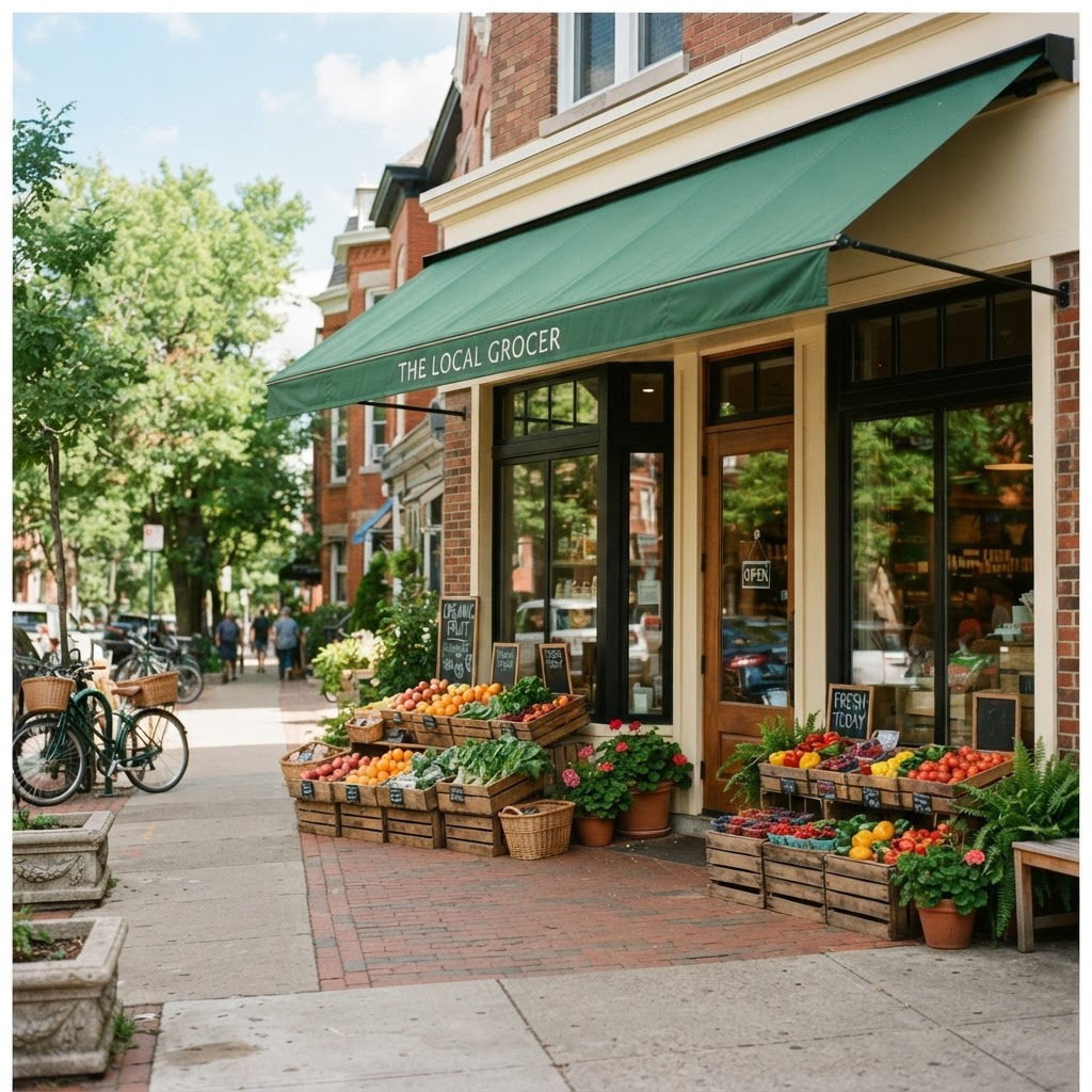 Harvest Market storefront with fresh produce crates displayed outside